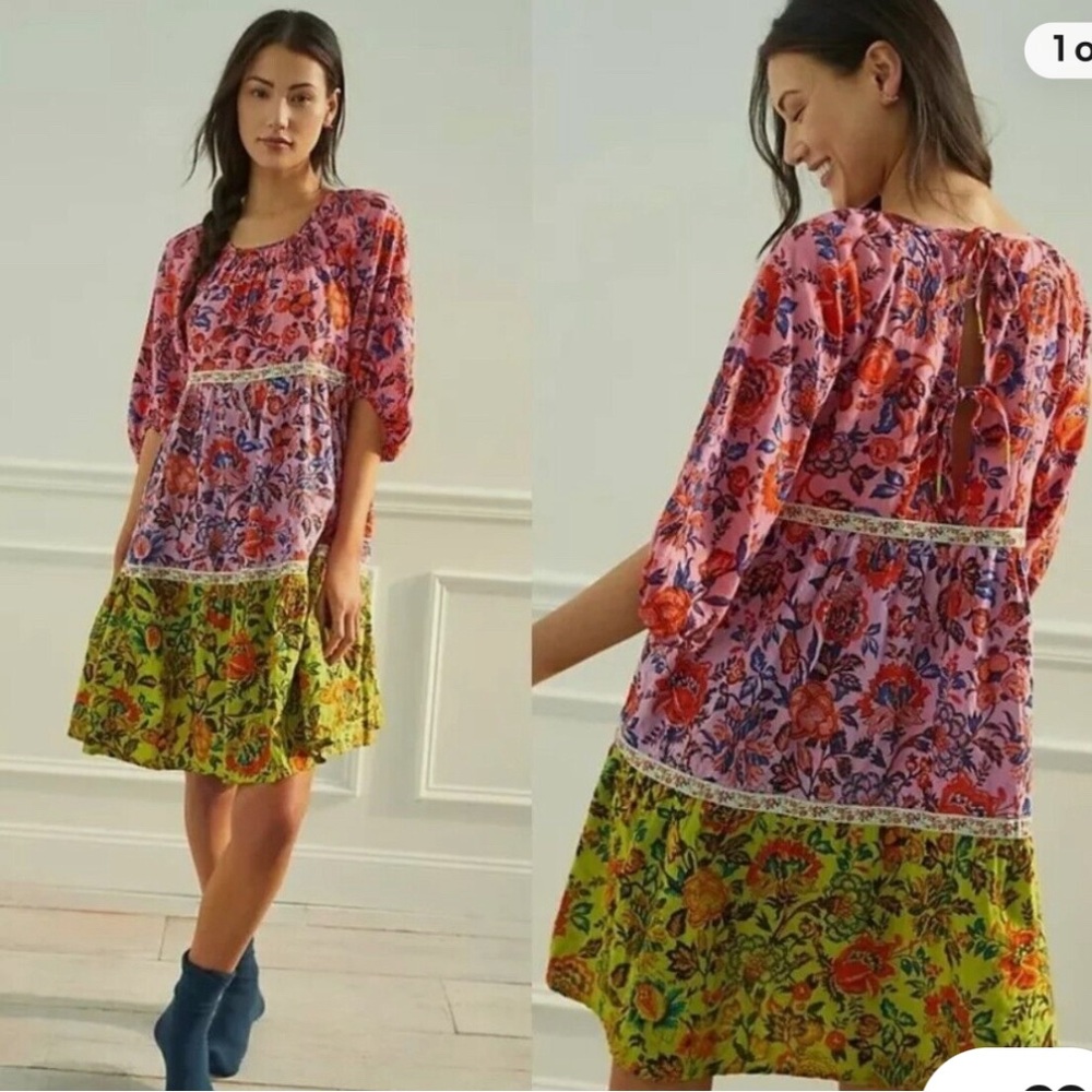 Like New, Anthropologie Mabel Colorful Tiered Floral Boho Peasant Dress